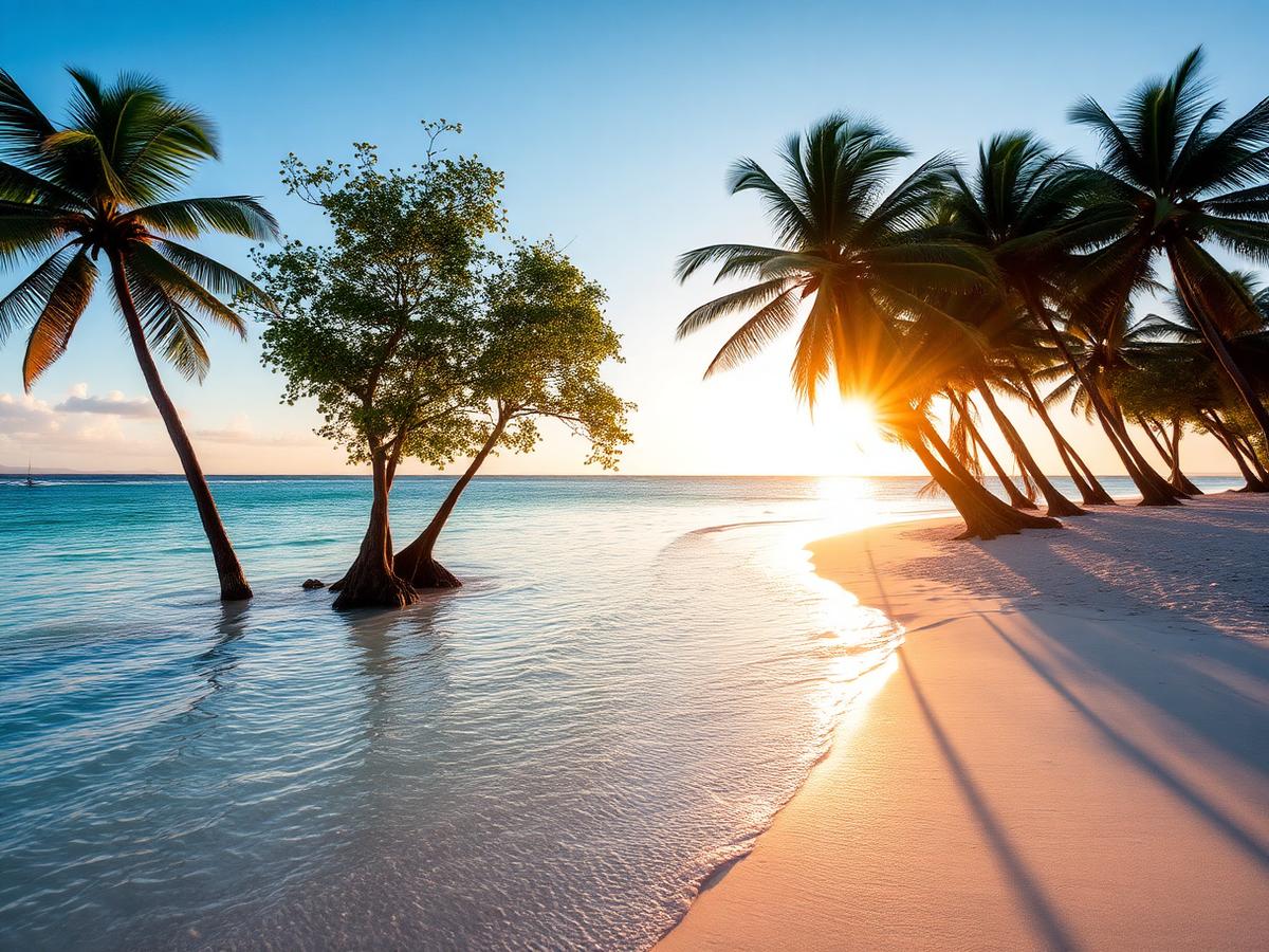 A long white sand beach on the east coast of Mauritius at sunrise with filao trees and calm turquoise water