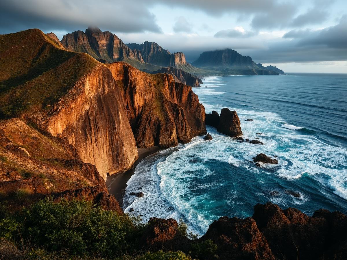 Dramatic cliffs and crashing waves along the south coast of Mauritius under a moody sky