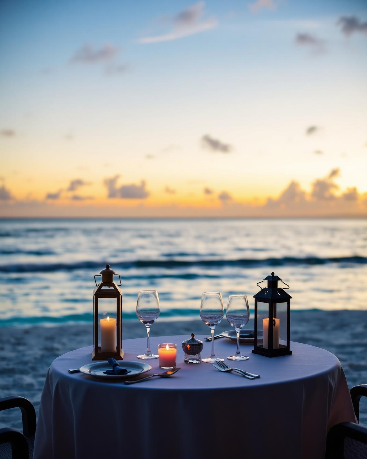 A candlelit dining table for two set on a Mauritius beach at sunset with the ocean in the background
